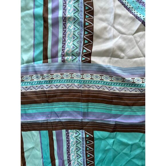 Adrienne Landau Silk Scarf Women's Blue Brown Geometric Square 34" x 34" - Picture 2 of 6